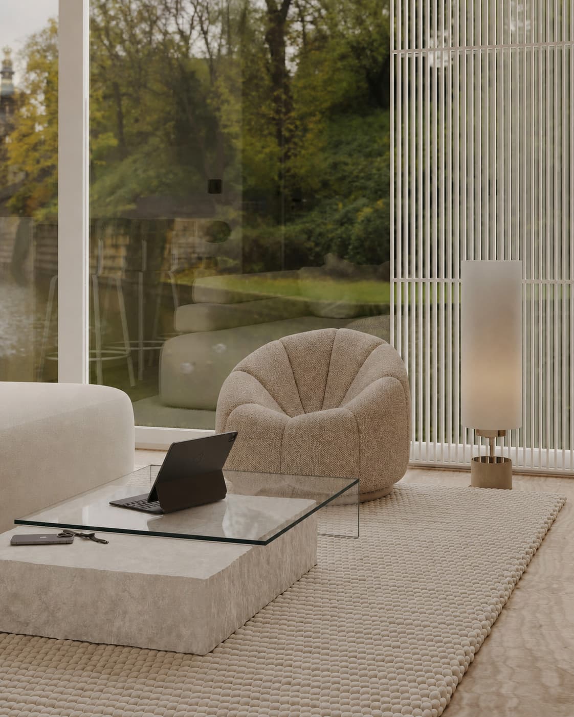 Staande uitsnede van een interieurvisualisatie met een lichte zithoek bij een hoge glasgevel