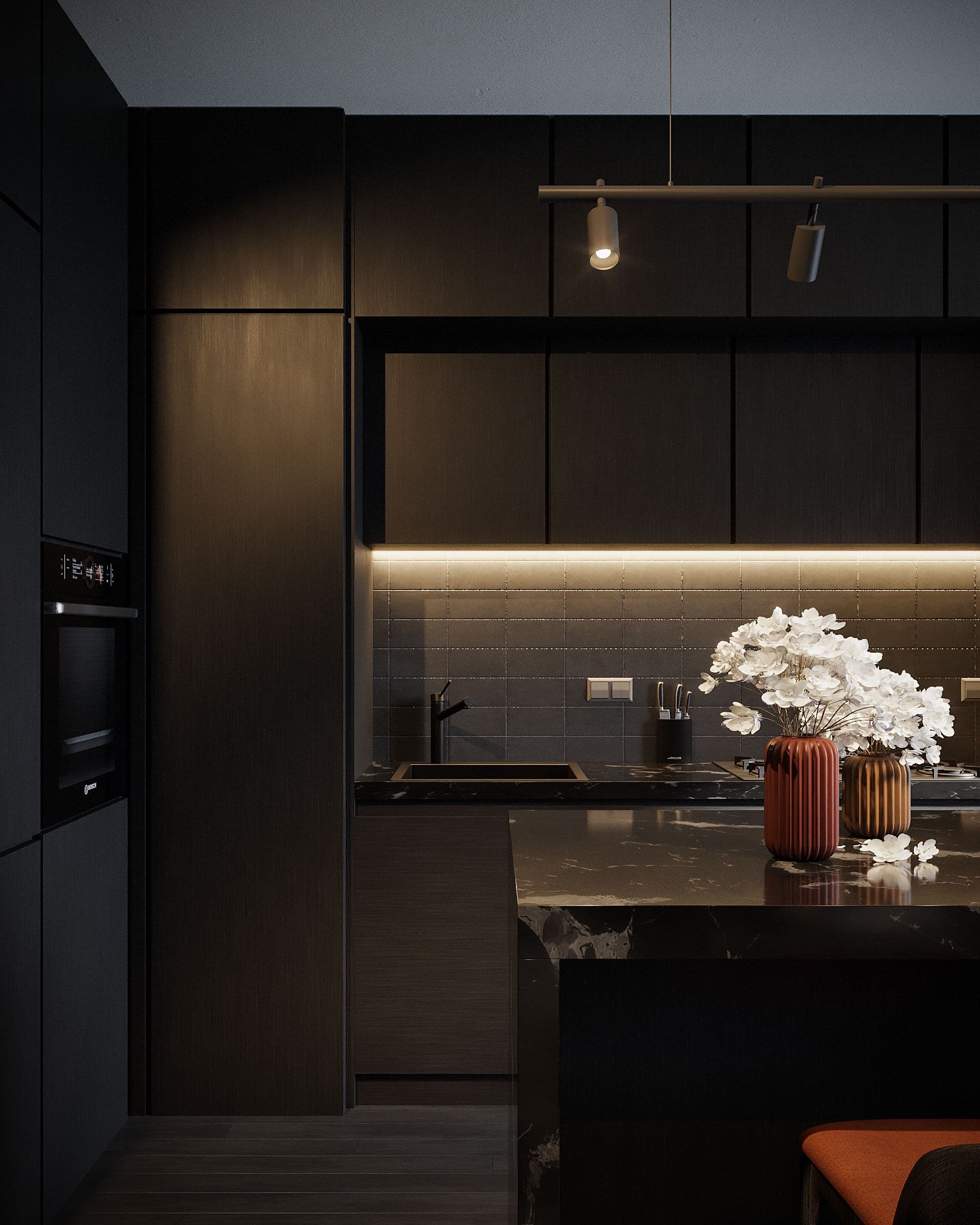Staande interieurvisualisatie van een donkere keuken met warm werklicht