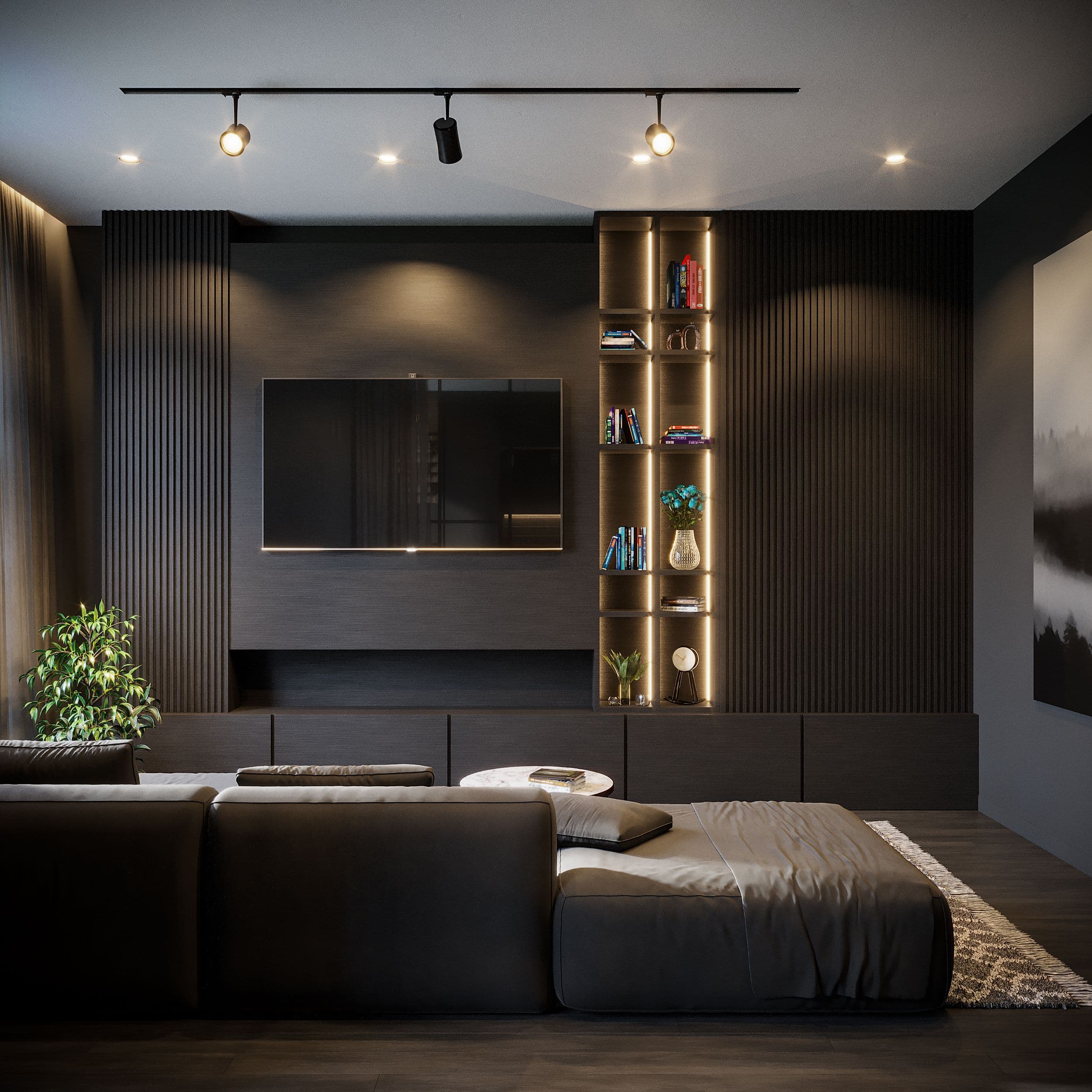 Liggend uitgesneden interieurvisualisatie van een donkere woonkamer met houten maatwerkwand