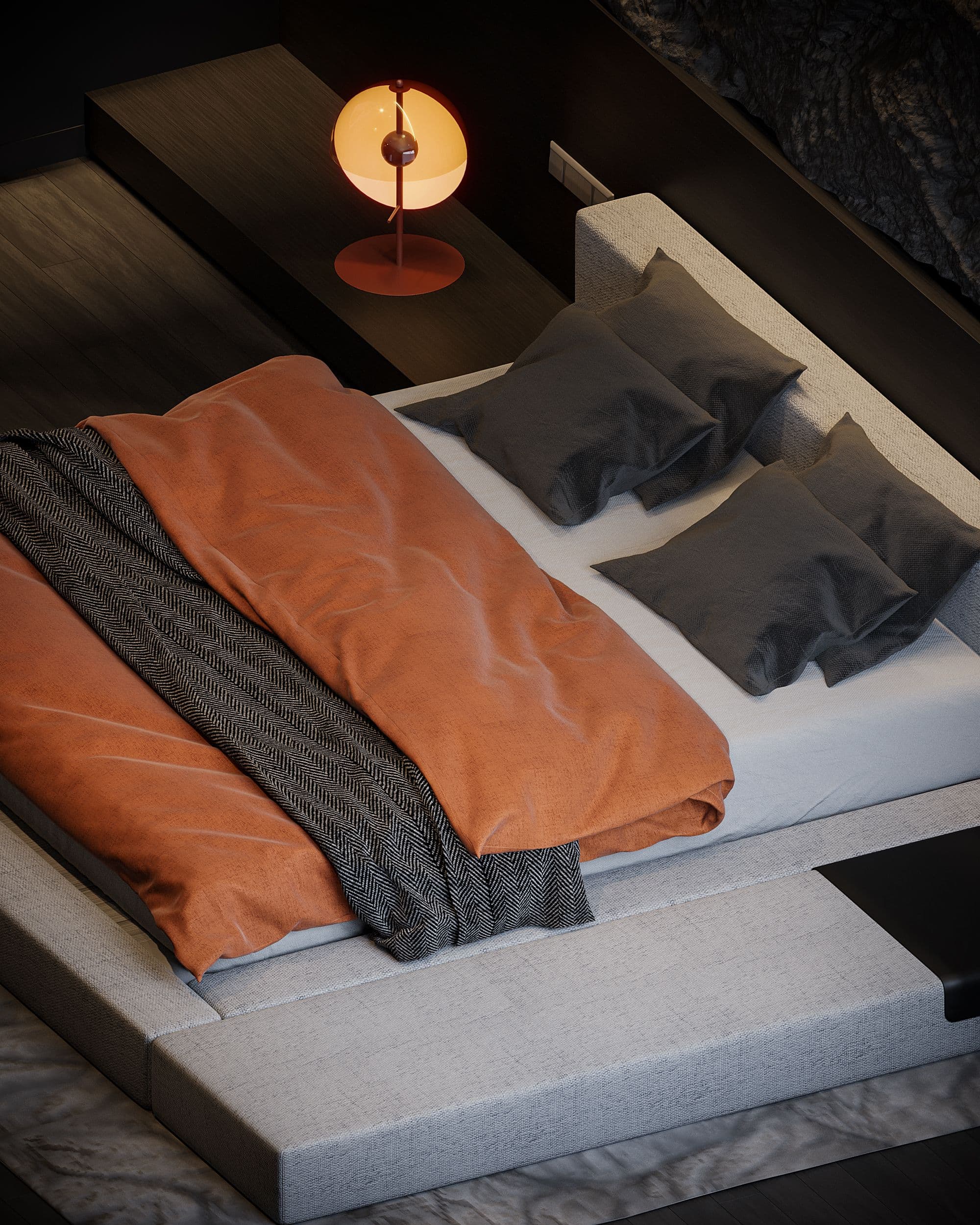 Staande interieurvisualisatie van een donkere slaapkamer met oxidekleurig textiel