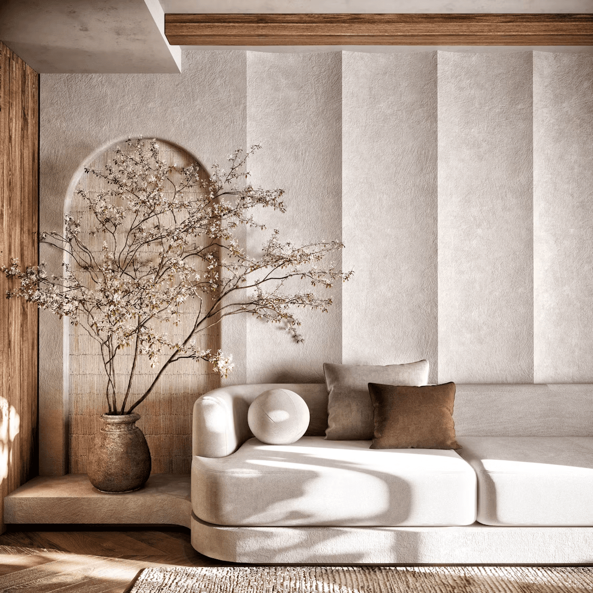 Interieurvisualisatie van een lichte zithoek met bloesemtakken en houten details